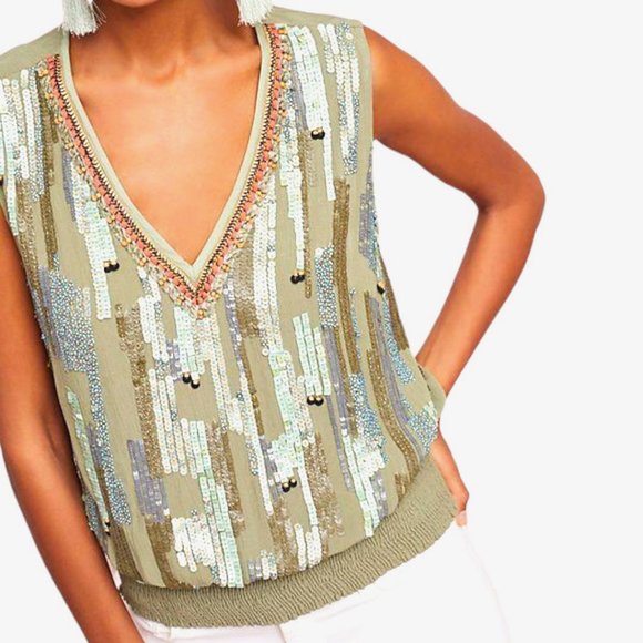 Blank Tops - NWOT ANTHROPOLOGIE BLANK ARIANNA BEADED V-NECK TOP, sz L